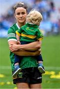 13 August 2023; Kerry player Louise Galvin with her son Florian Walsh, age 16 months, after the the 2023 TG4 LGFA All-Ireland Senior Championship Final match between Dublin and Kerry at Croke Park in Dublin. Photo by Piaras Ó Mídheach/Sportsfile