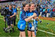 13 August 2023; Dublin players Sinéad Aherne, left, and Martha Byrne celebrates with the Brendan Martin Cup after the 2023 TG4 LGFA All-Ireland Senior Championship Final match between Dublin and Kerry at Croke Park in Dublin. Photo by Seb Daly/Sportsfile