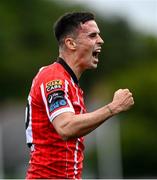 13 August 2023; Jordan McEneff of Derry City celebrates after scoring his side's first goal during the SSE Airtricity Men's Premier Division match between Derry City and Drogheda United at The Ryan McBride Brandywell Stadium in Derry. Photo by Stephen McCarthy/Sportsfile