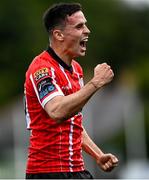 13 August 2023; Jordan McEneff of Derry City celebrates after scoring his side's first goal during the SSE Airtricity Men's Premier Division match between Derry City and Drogheda United at The Ryan McBride Brandywell Stadium in Derry. Photo by Stephen McCarthy/Sportsfile