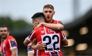 13 August 2023; Jordan McEneff, 22, of Derry City celebrates with team-mate Ronan Boyce after scoring his side's first goal during the SSE Airtricity Men's Premier Division match between Derry City and Drogheda United at The Ryan McBride Brandywell Stadium in Derry. Photo by Stephen McCarthy/Sportsfile