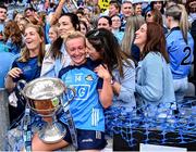 13 August 2023; Dublin captain Carla Rowe celebrates with her former team-mate Lyndsey Davey after the 2023 TG4 LGFA All-Ireland Senior Championship Final match between Dublin and Kerry at Croke Park in Dublin. Photo by Piaras Ó Mídheach/Sportsfile