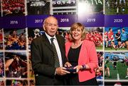 13 August 2023; Former Kerry All-Ireland winning manager Mick Fitzgerald is presented with a medallion by former LGFA President Marie Hickey during a special luncheon before the TG4 LGFA All-Ireland Senior Championship Final at Croke Park in Dublin. Photo by Ramsey Cardy/Sportsfile