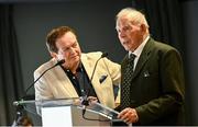13 August 2023; Former Kerry All-Ireland winning manager Mick Fitzgerald with MC Marty Morrissey during a special luncheon before the TG4 LGFA All-Ireland Senior Championship Final at Croke Park in Dublin. Photo by Ramsey Cardy/Sportsfile