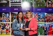 13 August 2023; 2002 Mayo All-Ireland winning captain Christina Heffernan is presented with a medallion by former LGFA President Marie Hickey during a special luncheon before the TG4 LGFA All-Ireland Senior Championship Final at Croke Park in Dublin. Photo by Ramsey Cardy/Sportsfile