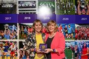 13 August 2023; 2000 Mayo All-Ireland winning captain Maria Staunton is presented with a medallion by former LGFA President Marie Hickey during a special luncheon before the TG4 LGFA All-Ireland Senior Championship Final at Croke Park in Dublin. Photo by Ramsey Cardy/Sportsfile