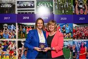13 August 2023; 2001 Laois All-Ireland winning captain Angela Casey is presented with a medallion by former LGFA President Marie Hickey during a special luncheon before the TG4 LGFA All-Ireland Senior Championship Final at Croke Park in Dublin. Photo by Ramsey Cardy/Sportsfile