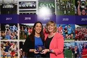 13 August 2023; 2010 Dublin All-Ireland winning captain Denise Masterson is presented with a medallion by former LGFA President Marie Hickey during a special luncheon before the TG4 LGFA All-Ireland Senior Championship Final at Croke Park in Dublin. Photo by Ramsey Cardy/Sportsfile