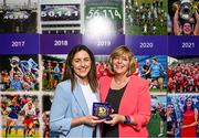 13 August 2023; Lyndsey Davey, representing 2017, 2018, 2019, and 2020 Dublin All-Ireland winning captain Sinead Aherne is presented with a medallion by former LGFA President Marie Hickey during a special luncheon before the TG4 LGFA All-Ireland Senior Championship Final at Croke Park in Dublin. Photo by Ramsey Cardy/Sportsfile