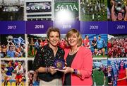 13 August 2023; Valerie Mulcahy, representing 2015 and 2016 Cork All-Ireland winning captain Ciara O'Sullivan is presented with a medallion by former LGFA President Marie Hickey during a special luncheon before the TG4 LGFA All-Ireland Senior Championship Final at Croke Park in Dublin. Photo by Ramsey Cardy/Sportsfile