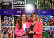 13 August 2023; 2021 and 2022 Meath All-Ireland winning captain Shauna Ennis is presented with a medallion by former LGFA President Marie Hickey during a special luncheon before the TG4 LGFA All-Ireland Senior Championship Final at Croke Park in Dublin. Photo by Ramsey Cardy/Sportsfile