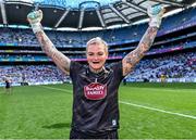 13 August 2023; Kildare goalkeeper Mary Hulgraine celebrates after her side's victory in the 2023 TG4 All-Ireland Ladies Intermediate Football Championship Final match between Clare and Kildare at Croke Park in Dublin. Photo by Piaras Ó Mídheach/Sportsfile