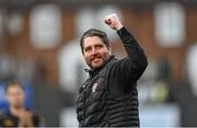 13 August 2023; Derry City manager Ruaidhrí Higgins celebrates after the SSE Airtricity Men's Premier Division match between Derry City and Drogheda United at The Ryan McBride Brandywell Stadium in Derry. Photo by Stephen McCarthy/Sportsfile