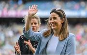 13 August 2023; Lyndsey Davey, representing 2017, 2018, 2019, and 2020 Dublin All-Ireland winning captain Sinead Aherne, is honoured at half-time of the TG4 LGFA All-Ireland Senior Championship Final at Croke Park in Dublin. Photo by Seb Daly/Sportsfile