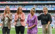 13 August 2023; All-Ireland Cork winning captains, from left, Rena Buckley, 2012, Ann Marie Walsh, 2013, Briege Corkery, 2014, and Valerie Mulcahy, representing 2015 and 2016 captain Ciara O'Sullivan, are honoured at half-time of the TG4 LGFA All-Ireland Senior Championship Final at Croke Park in Dublin. Photo by Seb Daly/Sportsfile