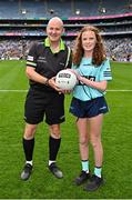 13 August 2023; Referee Shane Curley is presented with the match ball by Máire-Eilís Nic Gearailt of Corca Dhuibhne, Kerry, before the 2023 TG4 LGFA All-Ireland Senior Championship Final match between Dublin and Kerry at Croke Park in Dublin. Photo by Seb Daly/Sportsfile