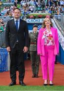 13 August 2023; An Taoiseach Leo Varadkar TD and LGFA chief executive officer Helen O’Rourke before the 2023 TG4 LGFA All-Ireland Senior Championship Final match between Dublin and Kerry at Croke Park in Dublin. Photo by Seb Daly/Sportsfile