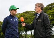 14 Augut 2023; North West Warriors captain Andy McBrine is interviewed by HBV Studios Commentator Craig Senior before the Rario Inter-Provincial Cup match between Leinster Lightning and North West Warriors at The Hills Cricket Club in Dublin. Photo by Tyler Miller/Sportsfile