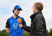 14 Augut 2023; Leinster Lightning captain George Dockrell is interviewed by HBV Studios Commentator Craig Senior before the Rario Inter-Provincial Cup match between Leinster Lightning and North West Warriors at The Hills Cricket Club in Dublin. Photo by Tyler Miller/Sportsfile