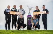 14 August 2023; TG4 have announced an additional four live games to continue their coverage of the SSE Airtricity Women's Premier Division. Pictured at the announcement at the FAI Headquarters in Dublin are, from left to right, Jaime Thompson of Shamrock Rovers, Erin McLaughlin of Peamount United, Lynsey McKey of Galway United, Aoibheann Clancy of Wexford Youths, Casey Howe of Sligo Rovers, Mia Dodd of Bohemians, Bronagh Kane of DLR Waves. Photo by Ramsey Cardy/Sportsfile