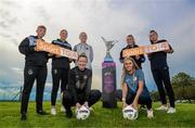 14 August 2023; TG4 have announced an additional four live games to continue their coverage of the SSE Airtricity Women's Premier Division. Pictured at the announcement at the FAI Headquarters in Dublin are, from left to right, Jaime Thompson of Shamrock Rovers, Erin McLaughlin of Peamount United, Lynsey McKey of Galway United, Aoibheann Clancy of Wexford Youths, Casey Howe of Sligo Rovers, Mia Dodd of Bohemians, Bronagh Kane of DLR Waves. Photo by Ramsey Cardy/Sportsfile