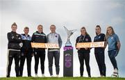 14 August 2023; TG4 have announced an additional four live games to continue their coverage of the SSE Airtricity Women's Premier Division. Pictured at the announcement at the FAI Headquarters in Dublin are, from left to right, Lynsey McKey of Galway United, Jaime Thompson of Shamrock Rovers, Erin McLaughlin of Peamount United, Aoibheann Clancy of Wexford Youths, Mia Dodd of Bohemians, Bronagh Kane of DLR Waves and Casey Howe of Sligo Rovers. Photo by Ramsey Cardy/Sportsfile