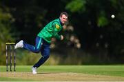 14 Augut 2023; Andy McBrine of North West Warriors bowls during the Rario Inter-Provincial Cup match between Leinster Lightning and North West Warriors at The Hills Cricket Club in Dublin. Photo by Tyler Miller/Sportsfile