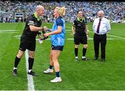 13 August 2023; Referee Shane Curley shakes hands with Dublin captain Carla Rowe before the 2023 TG4 LGFA All-Ireland Senior Championship Final match between Dublin and Kerry at Croke Park in Dublin. Photo by Piaras Ó Mídheach/Sportsfile