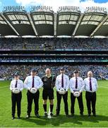 13 August 2023; Referee Shane Curley with his umpires before the 2023 TG4 LGFA All-Ireland Senior Championship Final match between Dublin and Kerry at Croke Park in Dublin. Photo by Piaras Ó Mídheach/Sportsfile