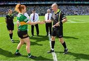 13 August 2023; Referee Shane Curley shakes hands with Kerry captain Louise Ní Mhuircheartaigh of Kerry before the 2023 TG4 LGFA All-Ireland Senior Championship Final match between Dublin and Kerry at Croke Park in Dublin. Photo by Piaras Ó Mídheach/Sportsfile