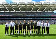 13 August 2023; Referee Shane Curley with his match officials before the 2023 TG4 LGFA All-Ireland Senior Championship Final match between Dublin and Kerry at Croke Park in Dublin. Photo by Piaras Ó Mídheach/Sportsfile