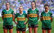 13 August 2023; Kerry players, from left, Emma Costello, Cáit Lynch, Lorraine Scanlon and Louise Galvin before the start of the parade of the 2023 TG4 LGFA All-Ireland Senior Championship Final match between Dublin and Kerry at Croke Park in Dublin. Photo by Piaras Ó Mídheach/Sportsfile