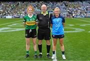 13 August 2023; Referee Shane Curley with team captains Louise Ní Mhuircheartaigh of Kerry and Carla Rowe of Dublin before the 2023 TG4 LGFA All-Ireland Senior Championship Final match between Dublin and Kerry at Croke Park in Dublin. Photo by Piaras Ó Mídheach/Sportsfile