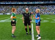 13 August 2023; Referee Shane Curley with team captains Louise Ní Mhuircheartaigh of Kerry and Carla Rowe of Dublin before the 2023 TG4 LGFA All-Ireland Senior Championship Final match between Dublin and Kerry at Croke Park in Dublin. Photo by Piaras Ó Mídheach/Sportsfile