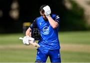 14 Augut 2023; Lorcan Tucker of Leinster Lightning leaves the crease after being caught out by Andy McBrine of North West Warriors during the Rario Inter-Provincial Cup match between Leinster Lightning and North West Warriors at The Hills Cricket Club in Dublin. Photo by Tyler Miller/Sportsfile