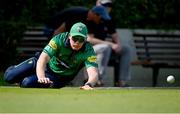 14 Augut 2023; Graham Hume of North West Warriors prevents a four during the Rario Inter-Provincial Cup match between Leinster Lightning and North West Warriors at The Hills Cricket Club in Dublin. Photo by Tyler Miller/Sportsfile