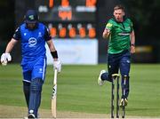 14 Augut 2023; Craig Young of North West Warriors celebrates after stumping out Barry McCarthy of Leinster Lightning during the Rario Inter-Provincial Cup match between Leinster Lightning and North West Warriors at The Hills Cricket Club in Dublin. Photo by Tyler Miller/Sportsfile