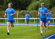 14 August 2023; Andrew Osborne, right, and Henry McErlean during Leinster rugby squad training at UCD in Dublin. Photo by David Fitzgerald/Sportsfile