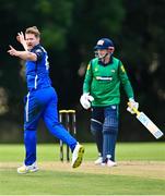 14 Augut 2023; Barry McCarthy of Leinster Lightning celebrates after bowling out Stephen Doheny of North West Warriors lbw during the Rario Inter-Provincial Cup match between Leinster Lightning and North West Warriors at The Hills Cricket Club in Dublin. Photo by Tyler Miller/Sportsfile