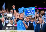 13 August 2023; Dublin captain Carla Rowe makes a speech after her side's victory in the 2023 TG4 LGFA All-Ireland Senior Championship Final match between Dublin and Kerry at Croke Park in Dublin. Photo by Piaras Ó Mídheach/Sportsfile