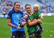 13 August 2023; Hannah Tyrrell of Dublin and her daughter Aoife, age 7 weeks, and Kerry player Louise Galvin with her son Florian Walsh, age 16 months, after the 2023 TG4 LGFA All-Ireland Senior Championship Final match between Dublin and Kerry at Croke Park in Dublin. Photo by Piaras Ó Mídheach/Sportsfile