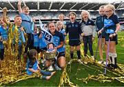 13 August 2023; Player of the match Hannah Tyrrell of Dublin celebrates with her daughter Aoife, age 7 weeks, and supporters after victory in the 2023 TG4 LGFA All-Ireland Senior Championship Final match between Dublin and Kerry at Croke Park in Dublin. Photo by Piaras Ó Mídheach/Sportsfile