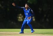 14 Augut 2023; Simi Singh of Leinster Lightning appeals for an lbw on Jared Wilson of North West Warriors during the Rario Inter-Provincial Cup match between Leinster Lightning and North West Warriors at The Hills Cricket Club in Dublin. Photo by Tyler Miller/Sportsfile