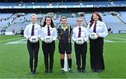 13 August 2023; Referee Angela Gallagher with her umpires before the 2023 TG4 All-Ireland Ladies Junior Football Championship Final match between Down and Limerick at Croke Park in Dublin. Photo by Piaras Ó Mídheach/Sportsfile