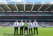 13 August 2023; Referee Gus Chapman and his umpires before the 2023 TG4 All-Ireland Ladies Intermediate Football Championship Final match between Clare and Kildare at Croke Park in Dublin. Photo by Piaras Ó Mídheach/Sportsfile