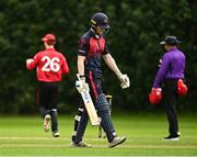 15 August 2023; Morgan Topping of Northern Knights leaves the field after being bowled out during the Rario Inter-Provincial Cup match between Munster Reds and Northern Knights at The Mardyke in Cork. Photo by Eóin Noonan/Sportsfile