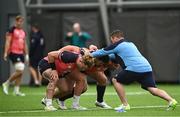 15 August 2023; National scrum coach John Fogarty with front row players, from left, Finlay Bealham, Tom Stewart and Tom O’Toole during an Ireland rugby squad training session at the IRFU High Performance Centre in Dublin. Photo by Harry Murphy/Sportsfile