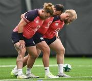 15 August 2023; Ireland front row, from left, Finlay Bealham, Rob Herring and Jeremy Loughman during an Ireland rugby squad training session at the IRFU High Performance Centre in Dublin. Photo by Harry Murphy/Sportsfile