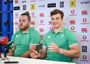 15 August 2023; Josh van der Flier and Finlay Bealham during an Ireland rugby media conference at the IRFU High Performance Centre in Dublin. Photo by Harry Murphy/Sportsfile