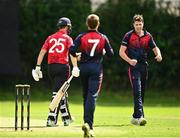 15 August 2023; Tom Mayes of Northern Knights celebrates after bowling out Murray Commins of Munster Reds during the Rario Inter-Provincial Cup match between Munster Reds and Northern Knights at The Mardyke in Cork. Photo by Eóin Noonan/Sportsfile